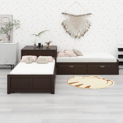 L-Shaped Platform Bed With Trundle And Drawers Linked With Built-In Desk