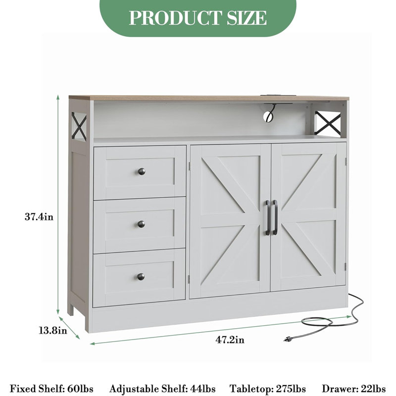 47.2 Inch Sideboard Buffet Cabinet with 2 Barn Doors and 3 Drawers, Farmhouse Wood Coffee Bar Cabinet with Charging Station