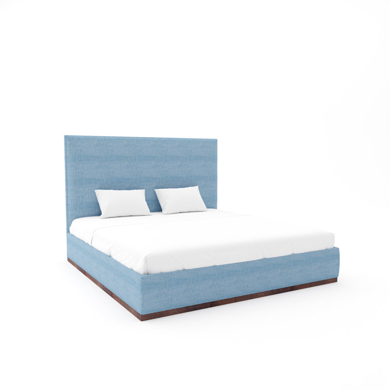 Lindley Custom Upholstered Bed with Wood Base, White, King, Maestro Ultra Performance Denim