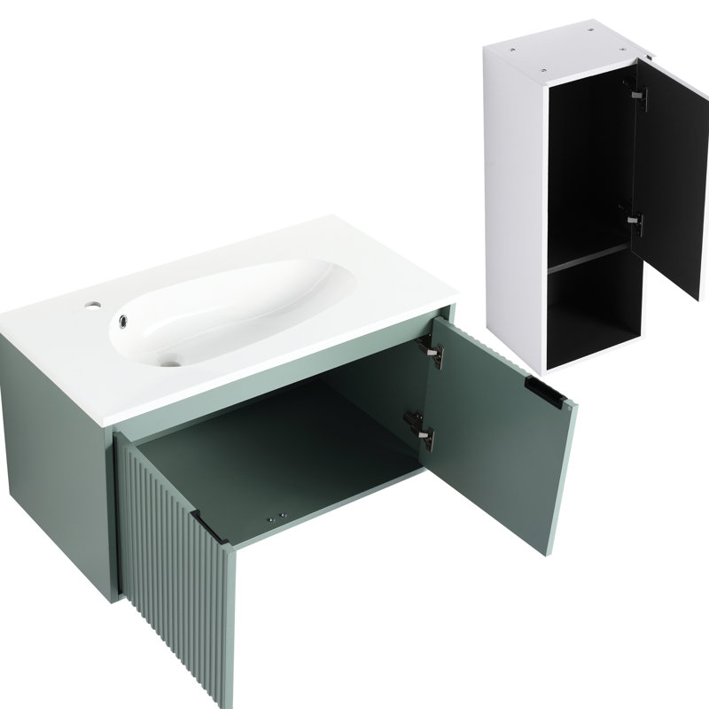 Meuble-lavabo de salle de bain 36 po avec lavabo en résine en forme de goutte et compartiment latéral, blanc, style contemporain, armoires en contreplaqué à fermeture amortie.