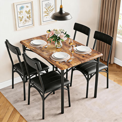 Space-Saving 5-Piece Dining Table Set for 4 Rectangular Kitchen Table & 4 Upholstered Seat Chairs,Metal Wood Dining Room Table Set for Small Spaces,Co
