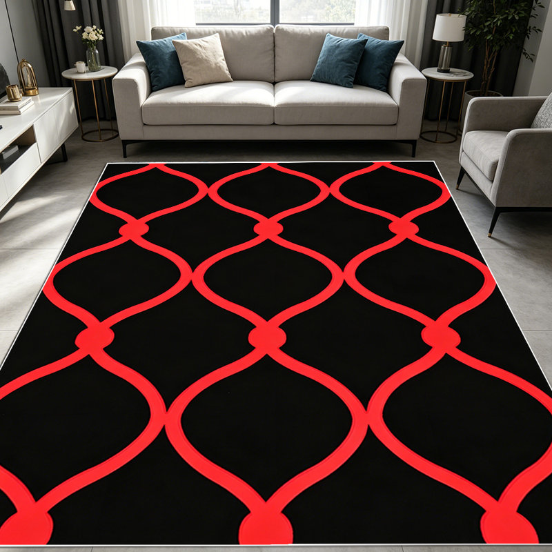 1PC Red and Black Linked Wave Geometric Trellis Pattern area rugs for Living Room, Soft and Comfortable, Suitable for all seasons, easy-to-maintain, machine washable Indoor floor mat, Under Table Farmhouse suitable for dining room, bedroom, entryway