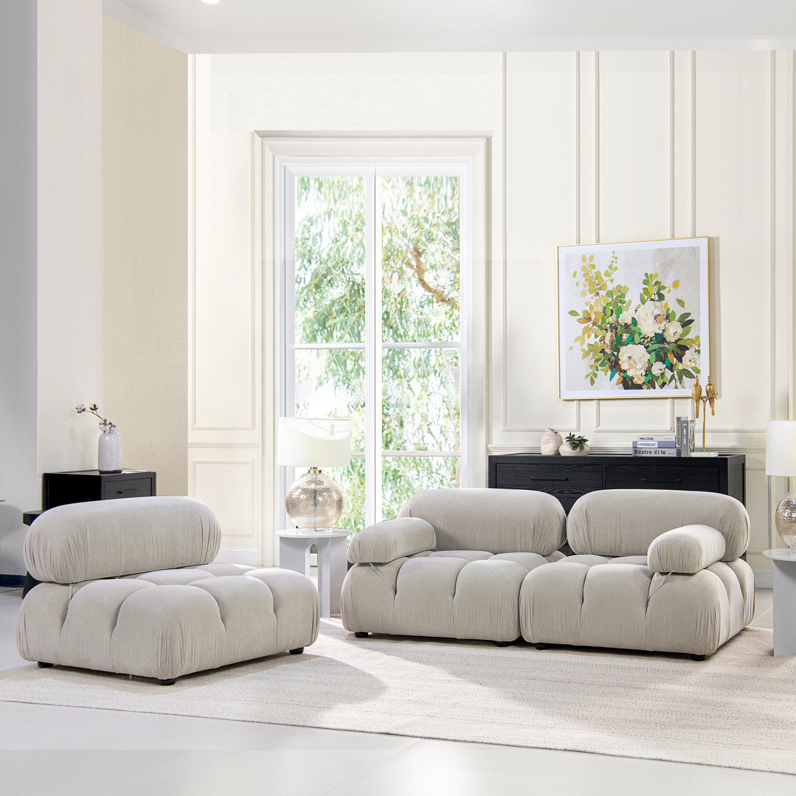 Sigma Upholstered Sofa, Pebble Gray Corduroy, 27.5" H x 109.5" W x 36" D, 3