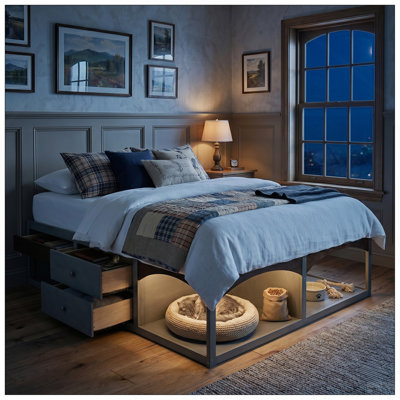 Structure de très grand lit avec tiroirs de rangement, lit plateforme sans tête de lit avec lumière, conception adaptée aux animaux de compagnie, aucun sommier tapissier requis, style minimaliste moderne - gris antique