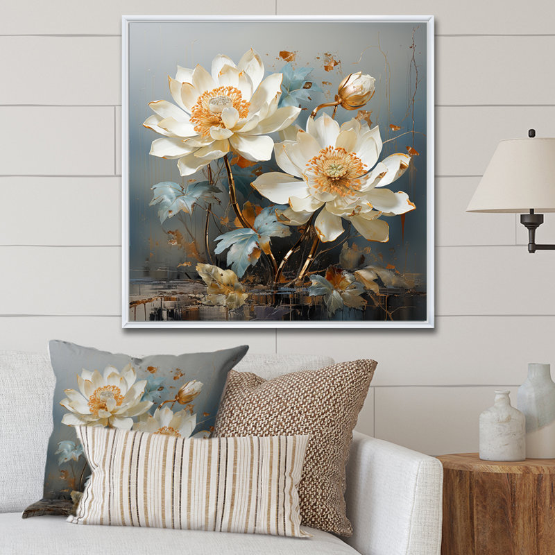 Gilded Tranquility Lotus II - impression, H 16 po x l 16 po x P 1 po, Cadre flottant blanc