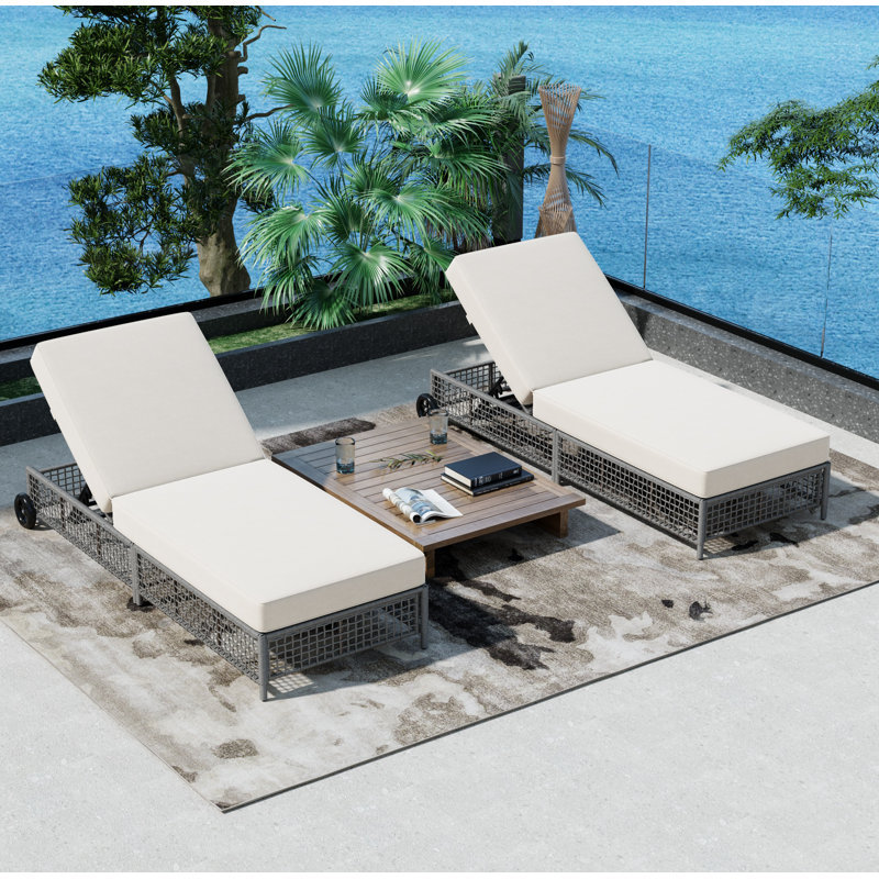 TREXM Outdoor Lounge Chair Set of 2, Patio Chaise Lounge with 5-Position Backrest, Rattan Outdoor Lounge Chair with Cushion and Wheels for Poolside, Backyard, Garden
