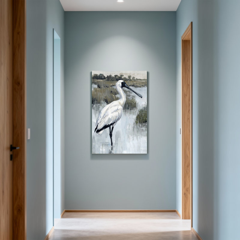 Animaux, oiseau blanc, debout dans l'eau, paysage, H 18 po x l 12 po