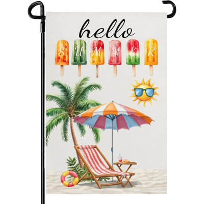 Drapeau de jardin « Bonjour l'été » 30 x 45 cm, double face, motif de glace à l'eau, pour la décoration extérieure de votre jardin pendant les fêtes.