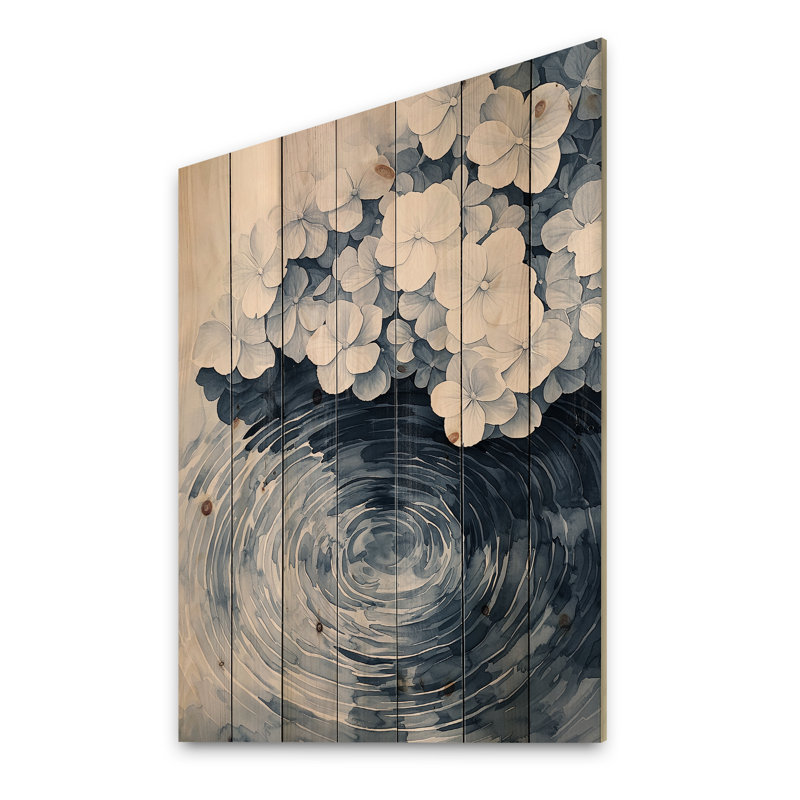 Hortensia par l'effet d'étang ondulé - Art mural en bois d'hortensia - sur bois de pin naturel, H 40 po x l 30 po x P 0,78 po