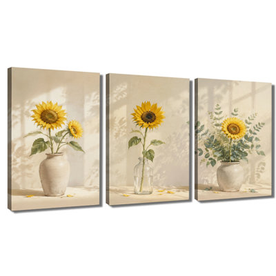 3‑panel wall art Sunflower Vase Still Life Wrapped Canvas Print