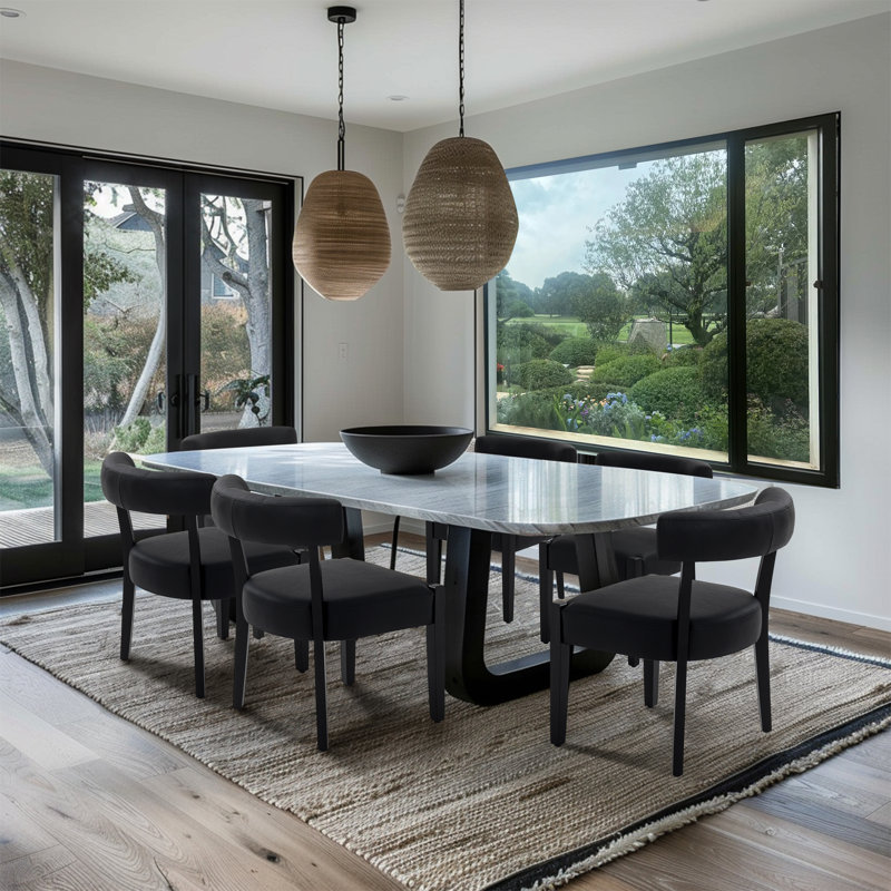 Mid-Century Modern Dining Chairs Black Faux Leather Upholstered Wood Frame Kitchen Chairs, Black Faux Leather/Black