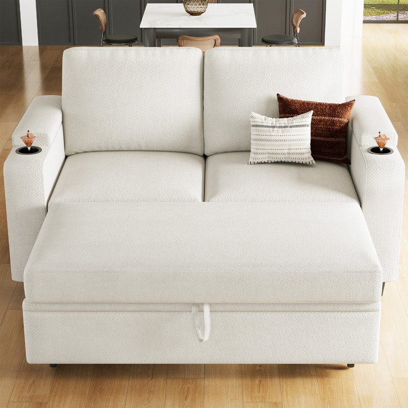 Penelopa Bujesily Chenille Double Seat Sofa Pull Out Bed Sofa Couch For Apartment, Beige