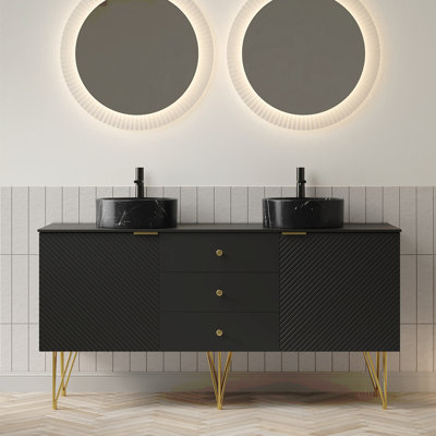 Meuble-lavabo de salle de bain, meuble de rangement autoportant en contreplaqué avec pieds, 3 tiroirs et 2 portes vasque en céramique à motif de cuve et plateau en pierre frittée, pré-assemblé
