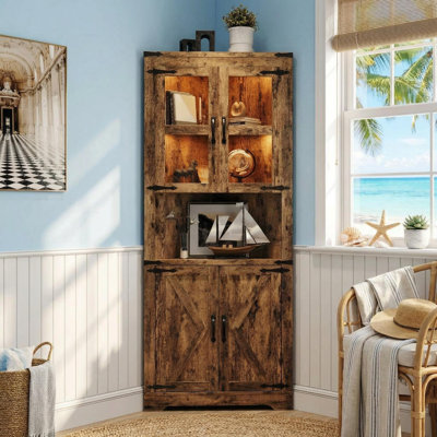Armoire de rangement d'angle de 67 po de hauteur avec lumières, vitrine de coin Farmhouse avec portes en verre, rangement en bois pour la cuisine, le salon et la salle de bain.