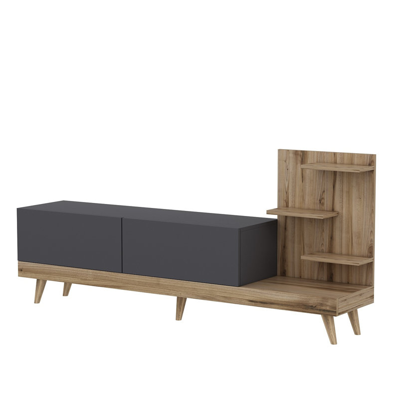 Meuble télé moderne avec de nombreuses tablettes, finition anthracite et noyer, 70,9 po x 32,3 po x 14,6 po | 100% panneau de particules enduit de mélamine, épaisseur: 0,7 pouce | Conception murale pour des salons élégants et des espaces de divertis