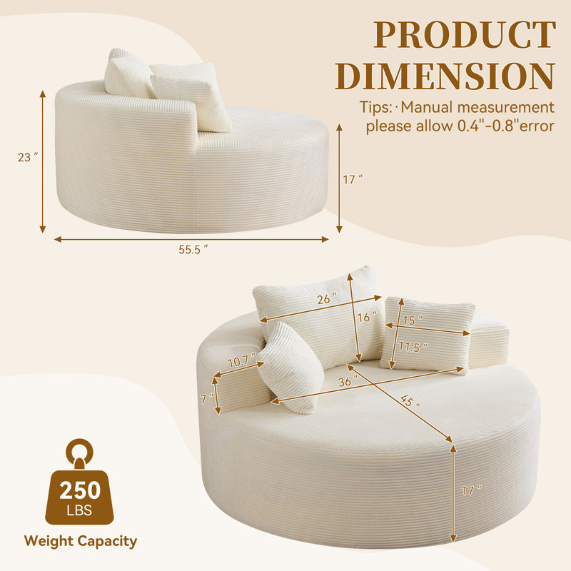 55.5'' Round Corduroy Compression Lounge Chair with Pillows, Oversized Upholstered Floor Sofa for Living Room & Bedroom