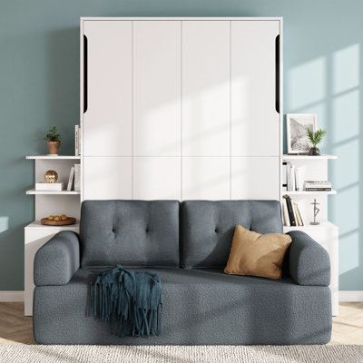 Lit escamotable double pleine grandeur avec canapé et armoires de rangement, lit escamotable 3 en 1 pour bureau à domicile et chambre d'amis, finition blanche avec revêtement moderne