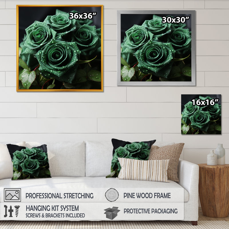 «Realistic Green Roses Bloom», impressions sur toile roses, Cadre simple blanc, H 36 po x l 36 po x P 1,5 po