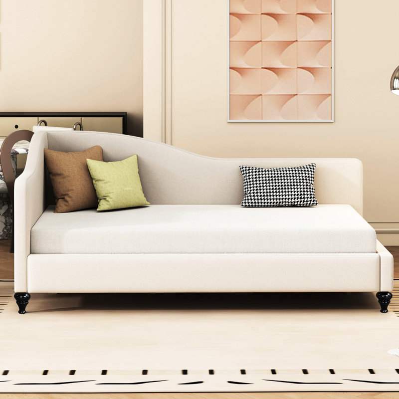 Lit de jour en lin beige avec pieds en bois massif - Option simple en L délicat, Beige, Lit simple