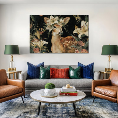 Art mural sur toile grand cerf floral, décor botanique de rennes hivernaux, reproduction d'affiche de peinture en noir et blanc, œuvre de fleur d'animal pour le salon, la chambre à coucher, décoration de cadeau de vacances, 24 po x 36 po, 24 po x 32 po