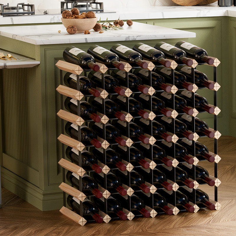 42 Bottle Wine Storage Stand, Pine Wood & Galvanized Metal, Black