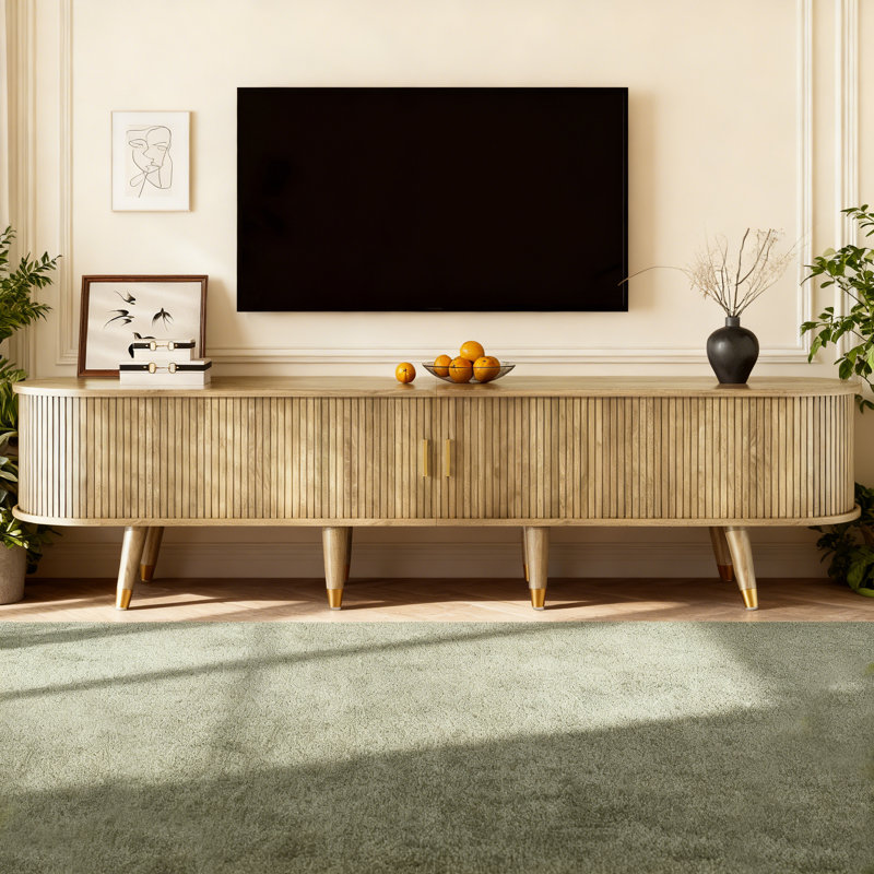 Meuble télé avec porte coulissante et tablettes ouvertes, Crème