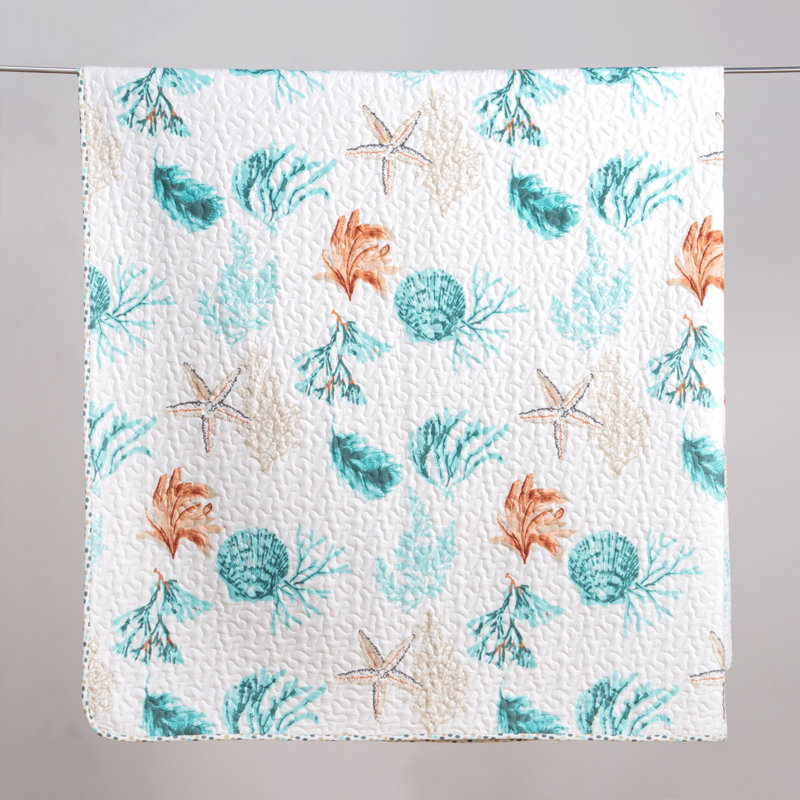 Stripes & Seashells Microfiber Reversible Quilt Set With Shams, Twin / Twin XL Quilt + 1 Standard Sham