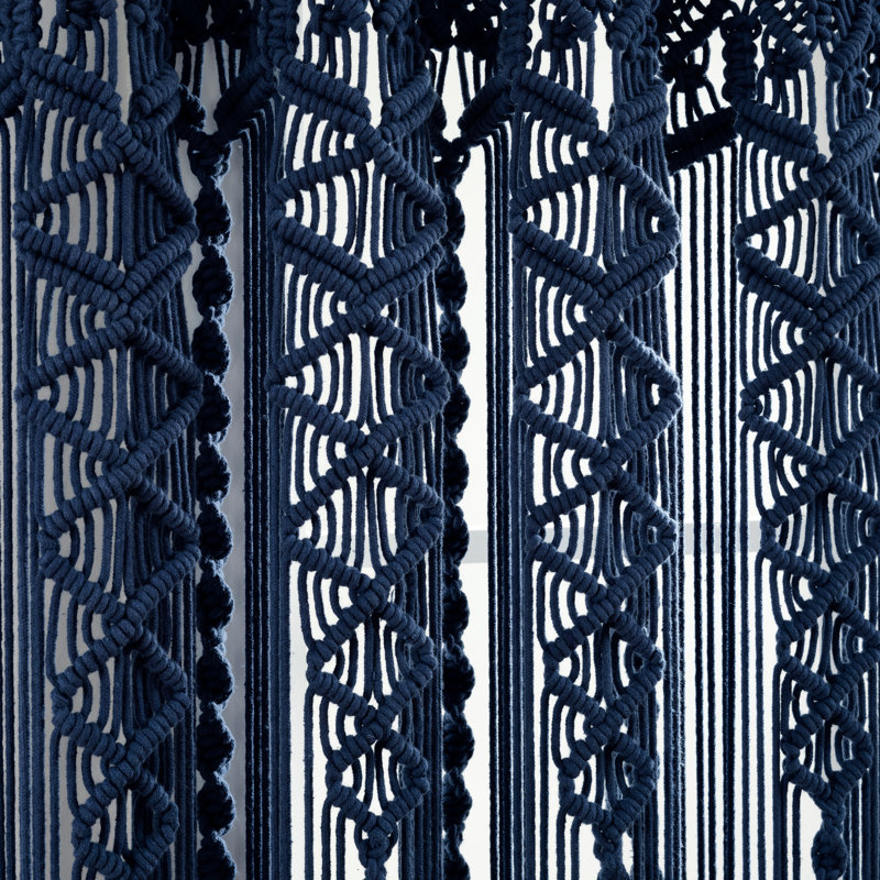 Boho Macrame Textured Cotton Cotton Sheer Curtain Single Panel, Navy