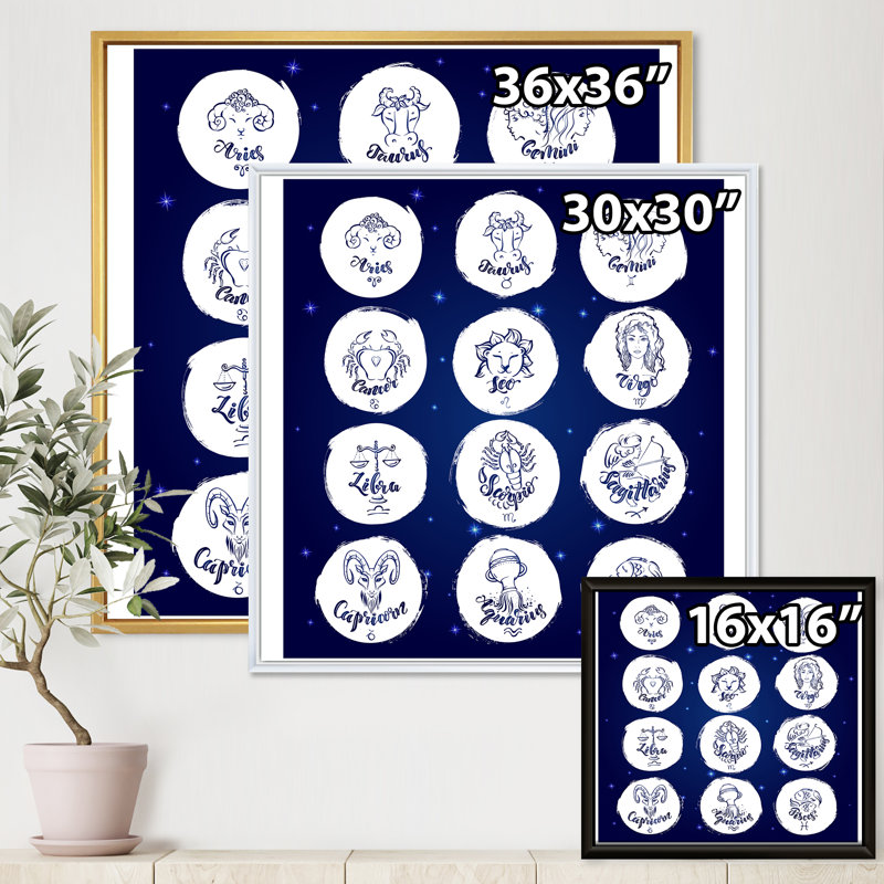 Signes du zodiaque sur bleu - Impression sur toile, H 16 po x l 16 po x P 1 po, Cadre flottant noir