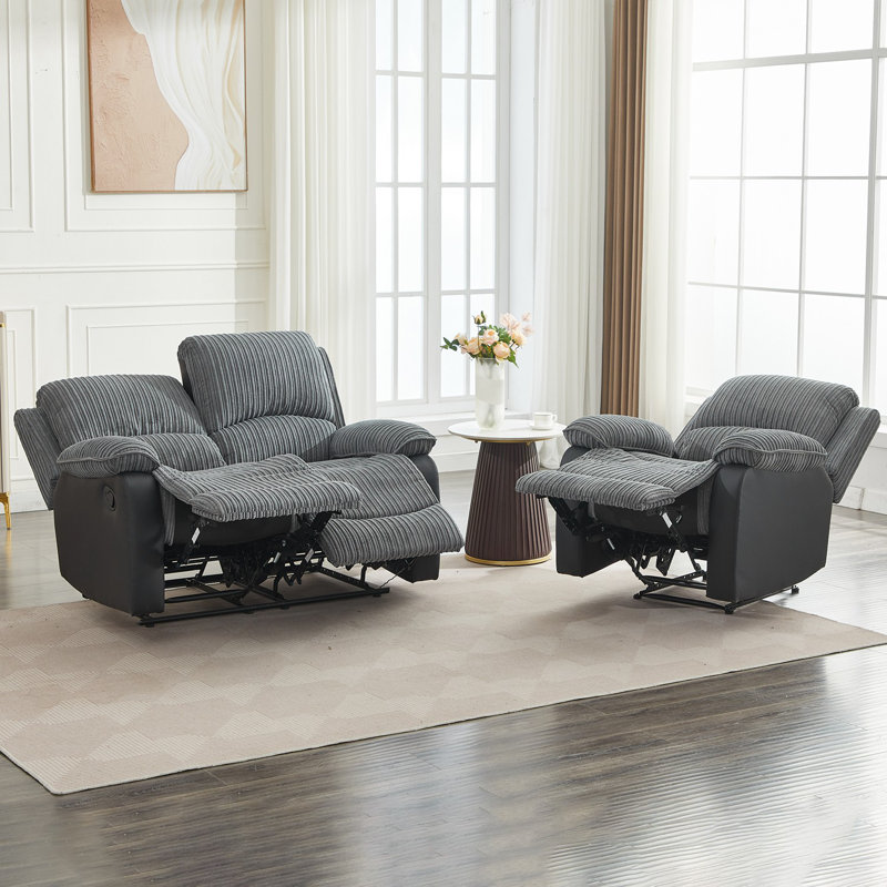Reclining Sofa Sectional Recliner Plush Corduroy Couches Set Sofa, Manual - Push Button