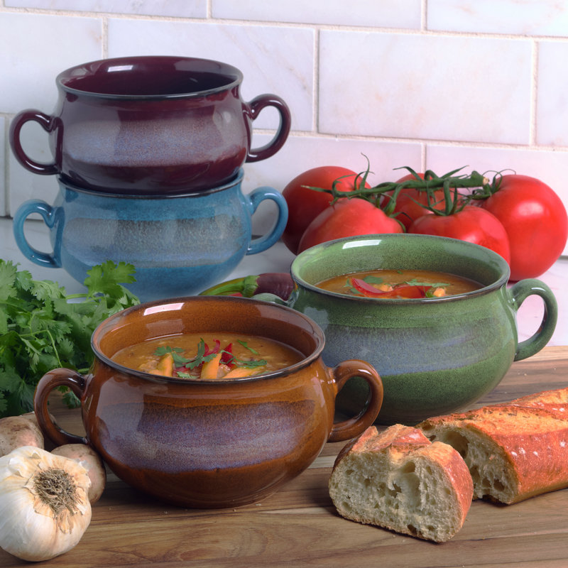 Ensemble de 4 bols à soupe en grès réactif en grès réactif - grès durable avec glacis artisanal unique, deux poignées et tons de terre assortis - Va au four, au micro-ondes et au lave-vaisselle