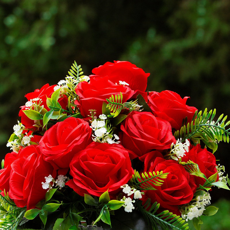 Silk Rose Arrangement in Vase, Red