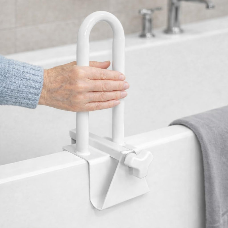 Adjustable Bathtub Safety Rail Shower Grab Bar Handle, Stainless Steel, White