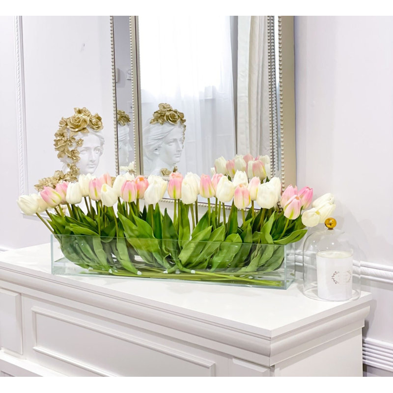 28 Inches Modern Long Pink/White Real Touch Tulip Stems - Faux Floral Luxury French Table Décor