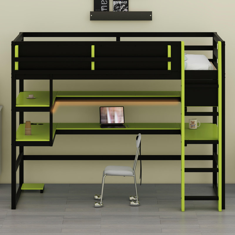 Lit mezzanine tout-en-un avec bureau d'étude, support latéral pour accessoires, grandes tablettes et lumières d'ambiance RVB dynamiques