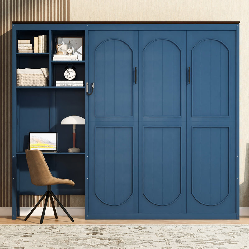 Grand lit escamotable avec bureau intégré et armoire de rangement multicouche FoldSync, Bleu
