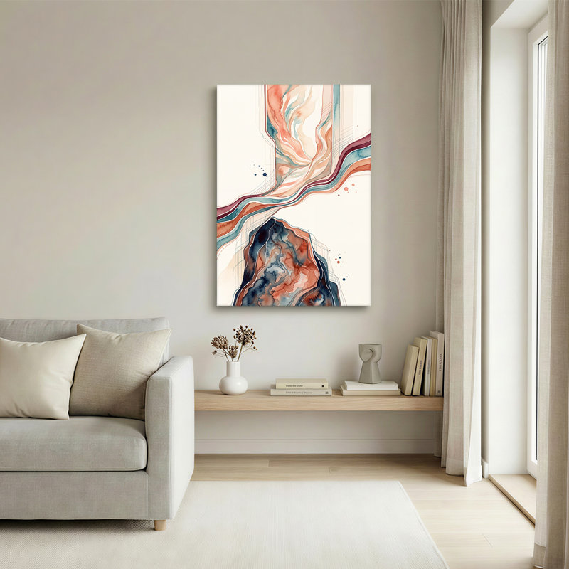 Art abstrait sur toile, rubans aquarelles abstraites en sarcelle et terre cuite, H 30 po x l 20 po