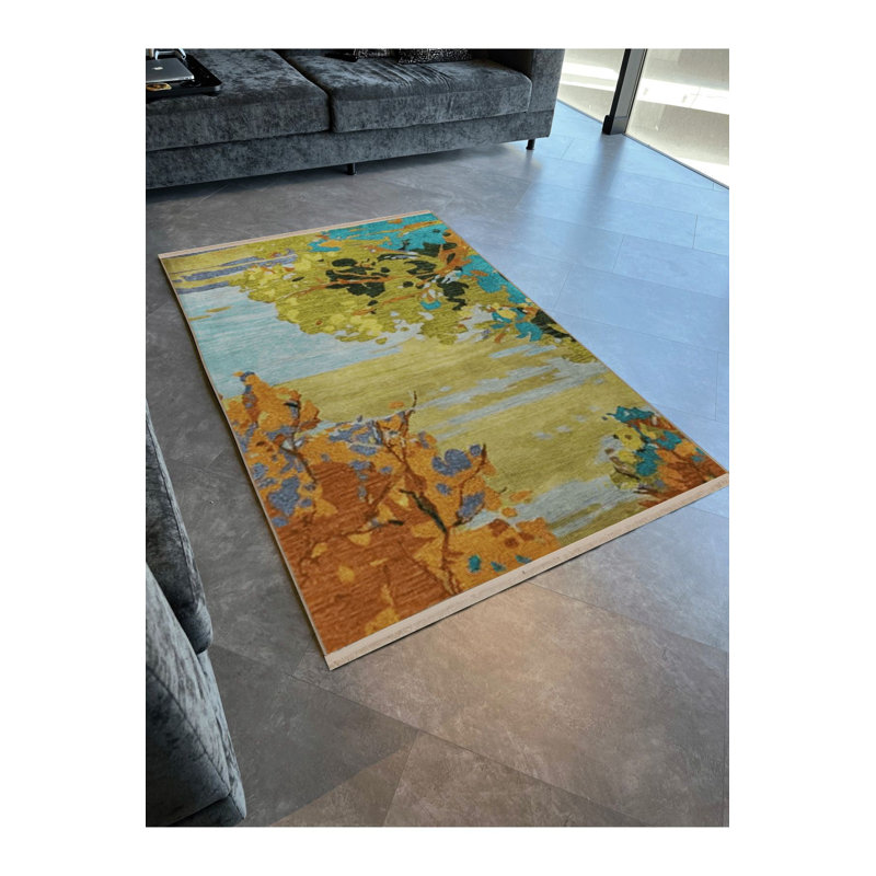 Tapis lavable décoratif à motif d'arbre abstrait bleu et vert, Sous-tapis carré 3 pi 3 po inclus
