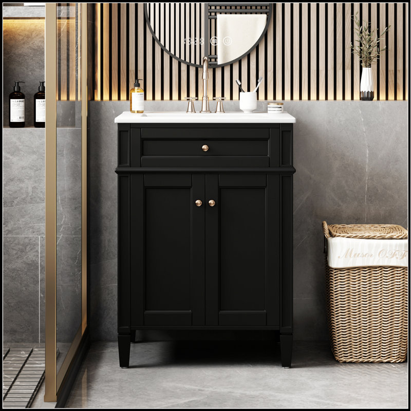 Charmant meuble-lavabo de 24 pouces d'inspiration française avec portes à fermeture douce, organisateurs et lavabo en céramique pour un rangement élégant