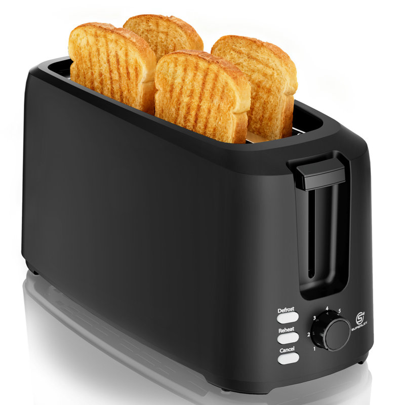 SUPERLEX 4-Slice Long Slot Toaster, 1450W Extra Wide with 7 Browning | Reheat, Defrost & Cancel Functions, Removable Crumb Tray, for Artisan Bread, Baguettes & Thick Slices, Matt Black
