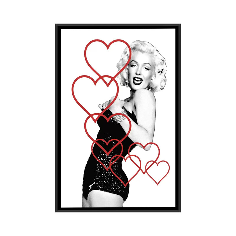 Marilyn Monroe Bubble Hearts - impression d'art graphique, H 26 po x l 18 po x 1,5 po, Aucun mat, Toile avec cadre noir