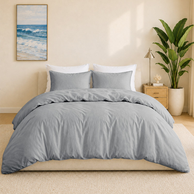 Ensemble de housse de couette réversible 100% lin Boseman, Housse de couette pour très grand lit et 2 taies, Gris