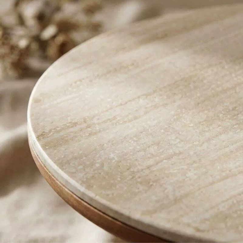 Beige + brun noisette + pierre frittée ronde argentée + bois massif + table de salle à manger en acier inoxydable