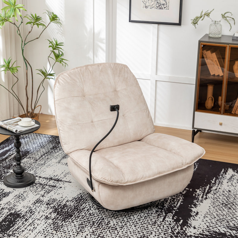 360° Swivel Velvet Recliner Chair Oversized With Mobile Phone Holder, Beige Velvet