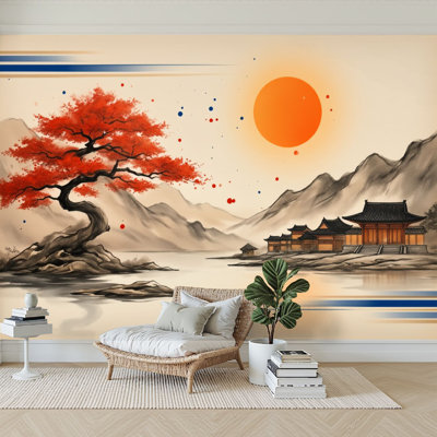 Papier peint adhésif auto-adhésif moderne pour la chambre à coucher, érable rouge, paysage oriental