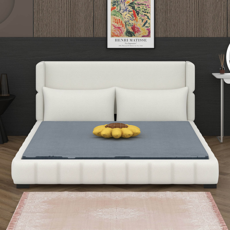 Lit plateforme tapissier avec coutures et 2 coussins, Blanc, Très grand lit