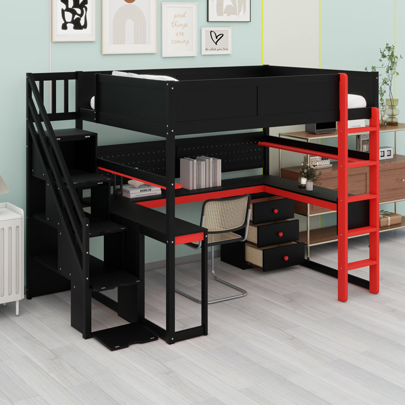 Lit mezzanine avec escalier de rangement, bureau intégré, tablettes et panneau perforé Gaming, Noir / rouge