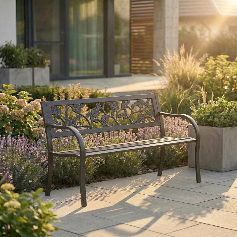 Miyoshi Steel Garden Bench Outdoor Seating Rose Style Patio Bench For Garden Patio Balcony & Lawn