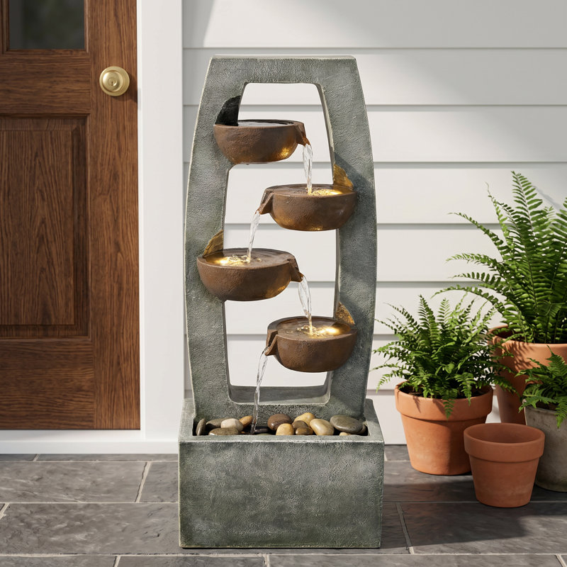 Outdoor Water Fountain with Warm LED Lights, 37.6" Modern Resin Tiered Bowl Fountain, Teal