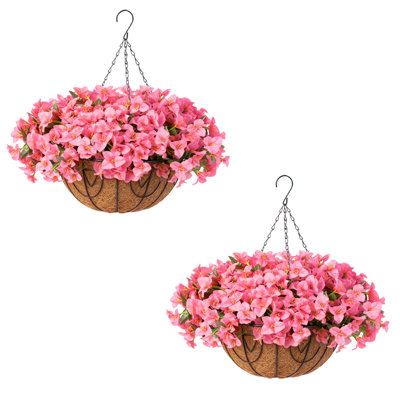 Paquet de 2 bougainvillées artificielles avec panier suspendu semi-circulaire en fibre de noix de coco, panier à fleurs en soie pour décoration intérieure, plante à fleurs artificielles suspendues pour porche de patio extérieur